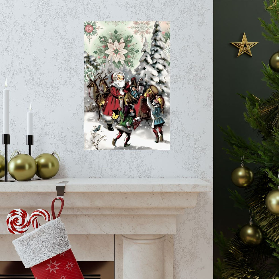 Thumbnail: Vintage Santa Christmas Art Print Christmas Eve Elf Sleigh retro Holiday Decor 