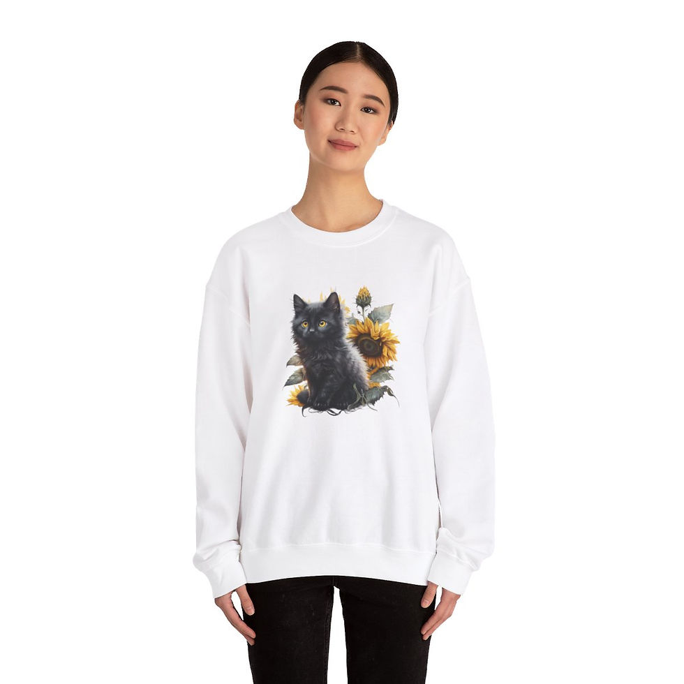 Sunflower BOHO Kitten Sweatshirt Wearable Art Black Cat Lover Gift Fall Apparel