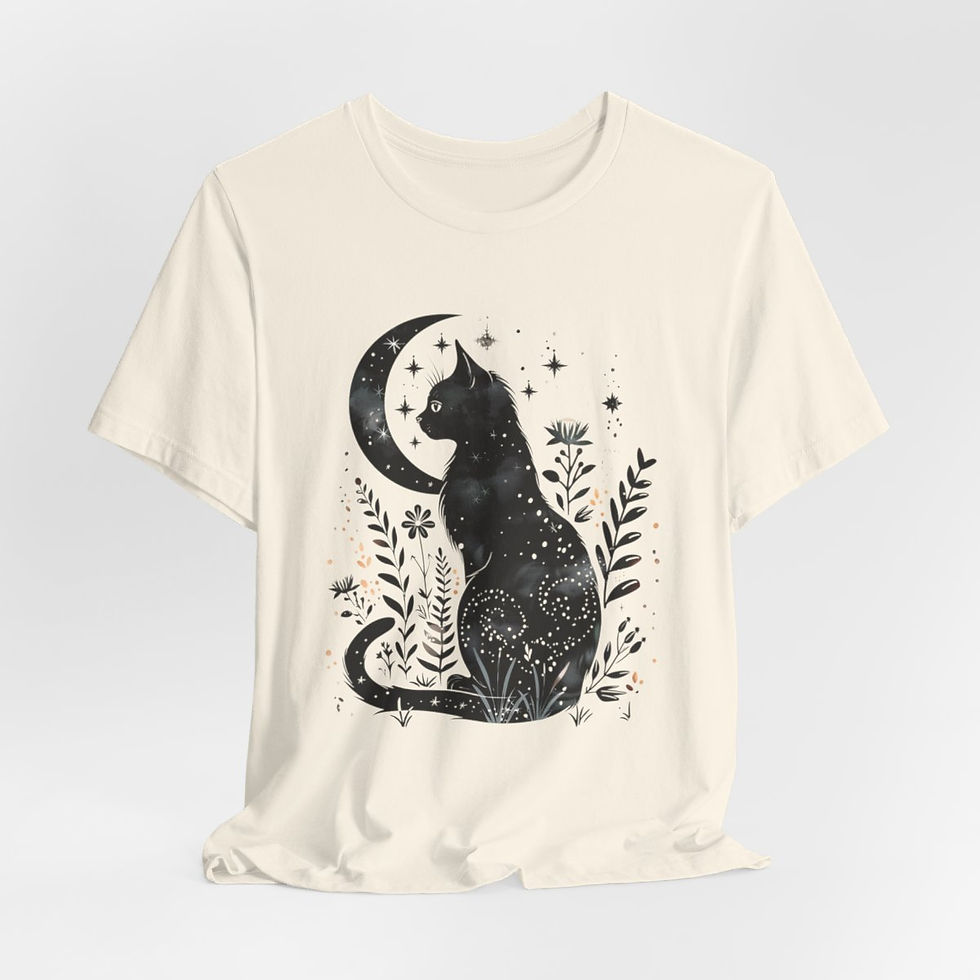 Thumbnail: Witchy T-Shirt Black Cat Starry Sky Crescent Moon Art Tee Expressive Gifts