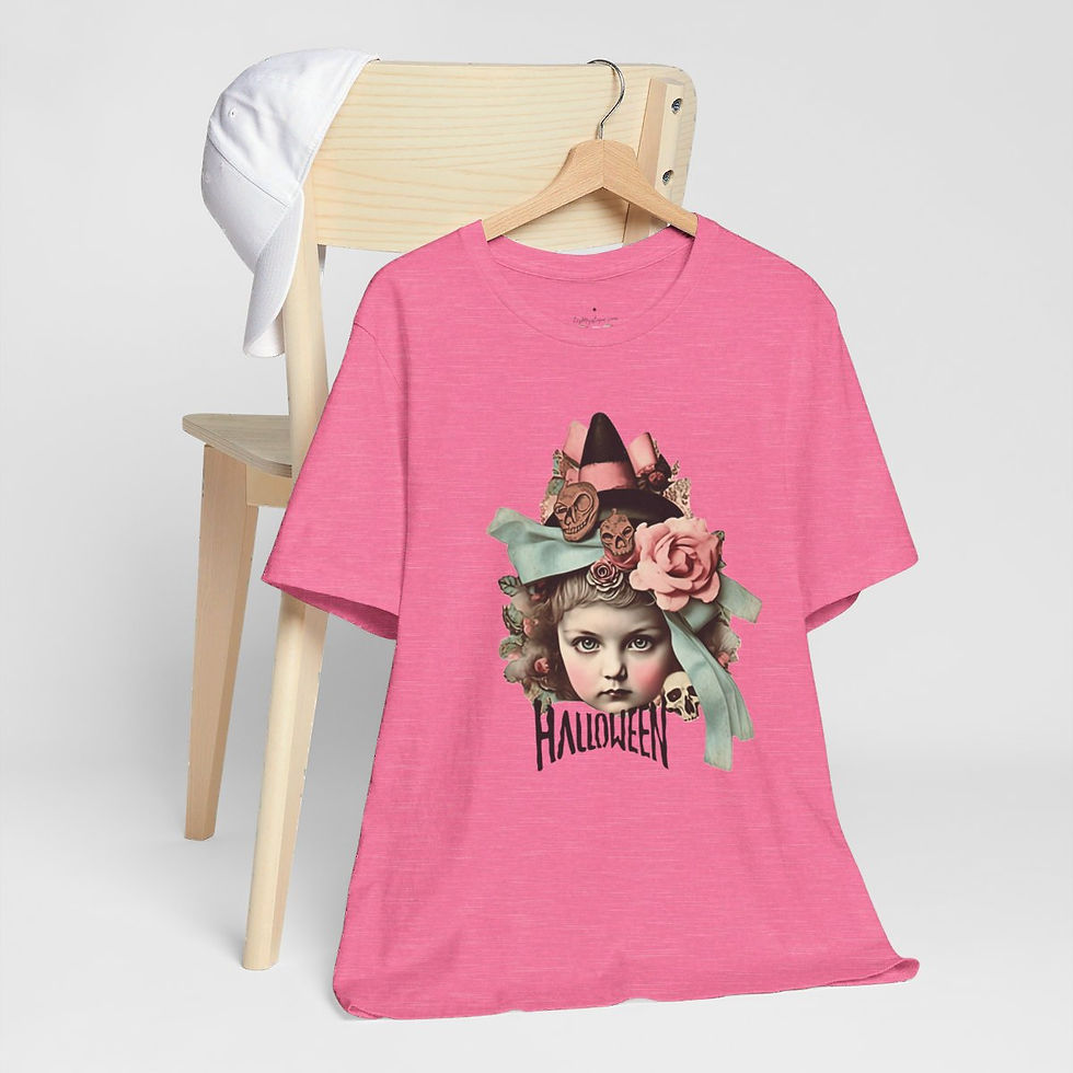 Thumbnail: Halloween T-Shirt Creepy Girl Witch Pink Roses Art Tee Trendy Apparel