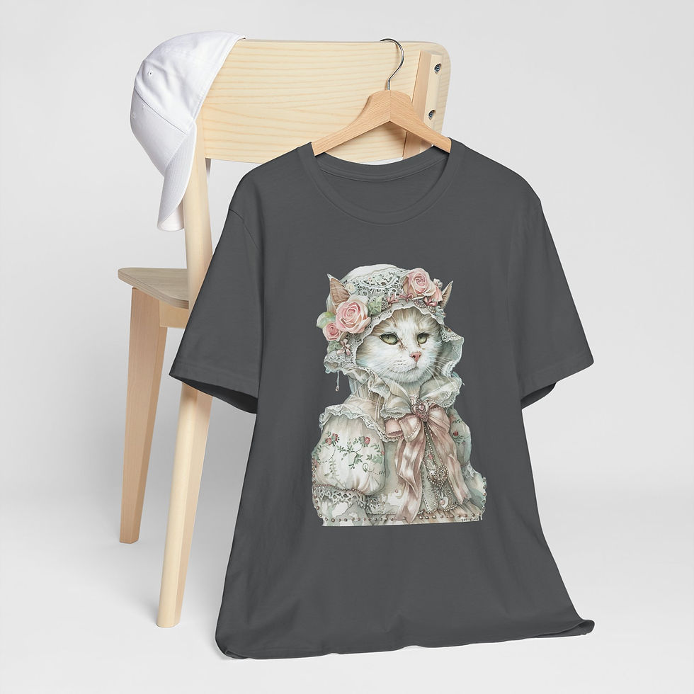 Thumbnail: Victorian Cat Art T-Shirt Shabby Mint & Pink Hat Roses Artistic Cat Lover Gift