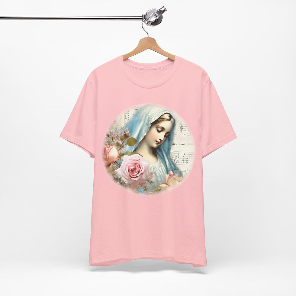 Thumbnail: Virgin Mary T-Shirt Shabby Pink Roses Ave Maria Art Tee Catholic Faith Gifts