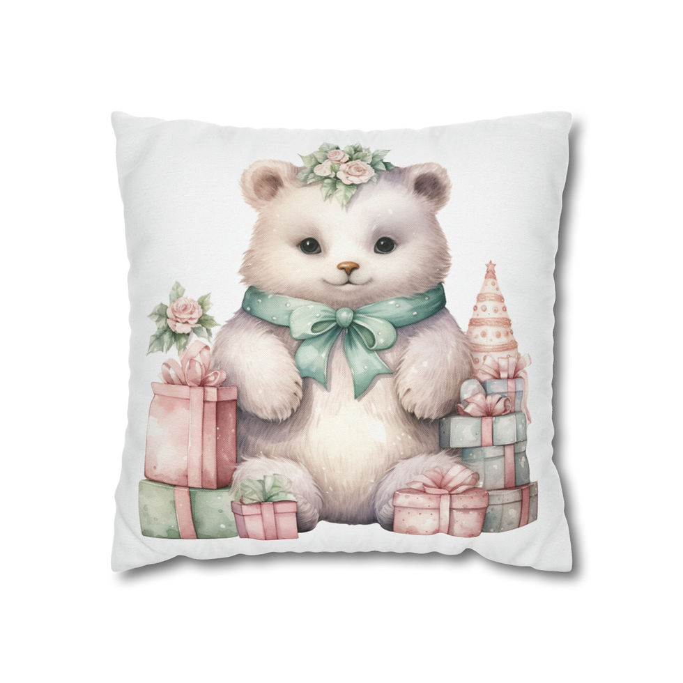 Thumbnail: Shabby Christmas Throw Pillow cover Victorian Bear Pink Nursery Holiday Decor