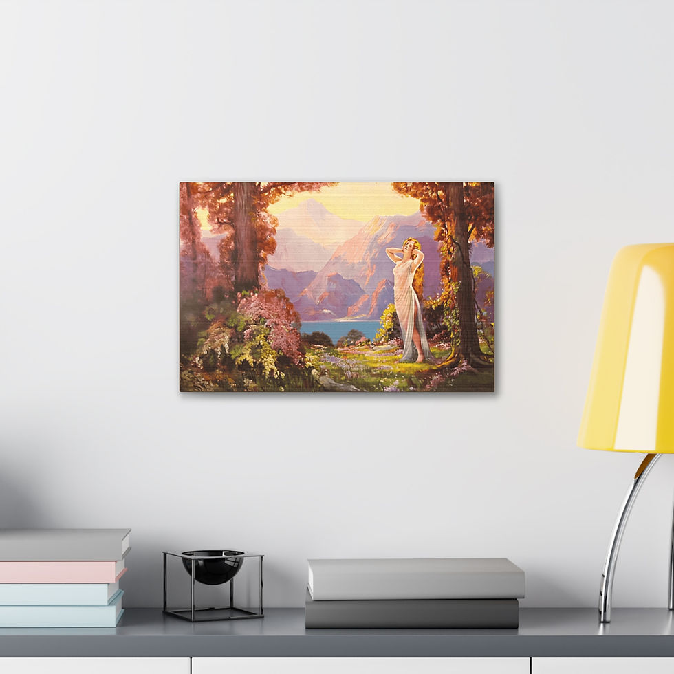 Thumbnail: Canvas Art Deco Woman Mountains Lake Flowers Robert Atkinson Fox style Decor 