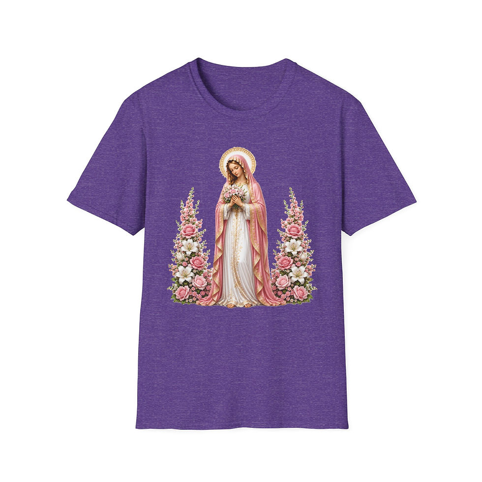 Thumbnail: Virgin Mary Floral T-Shirt — Wearable Art Devotional Catholic Tee, Pink Roses