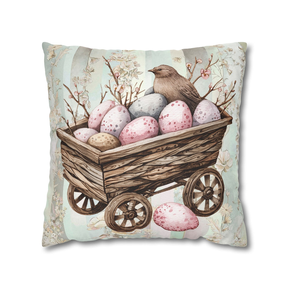 Thumbnail: Artistic Shabby Spring Throw Pillow cover Wagon Basket Eggs Bird Farmhouse Decor