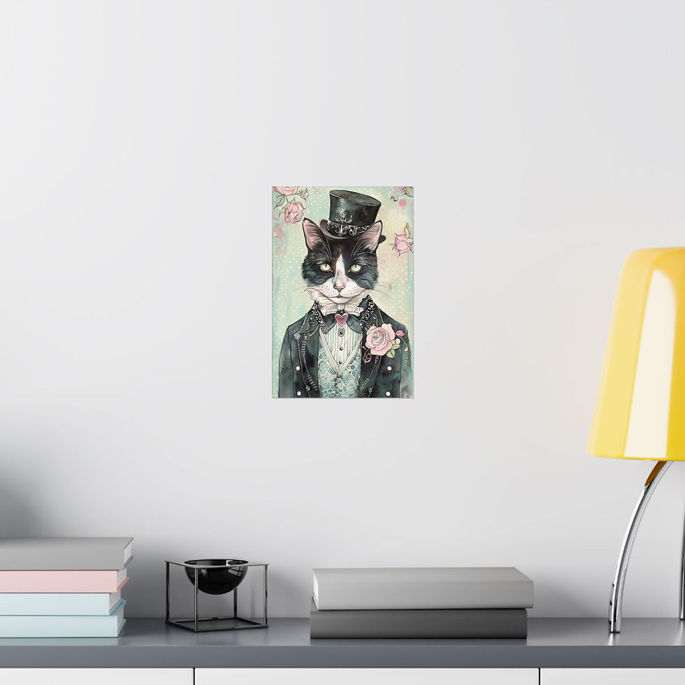 Thumbnail: Shabby Victorian Cat Art Print Male Cat Mint Pink Roses Top Hat Cat Lover Decor