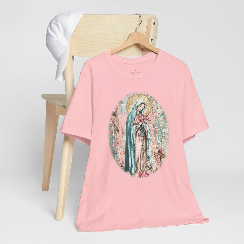 Thumbnail: Virgin Mary T-Shirt Shabby Mother Mary Praying Pink Catholic Art Tee