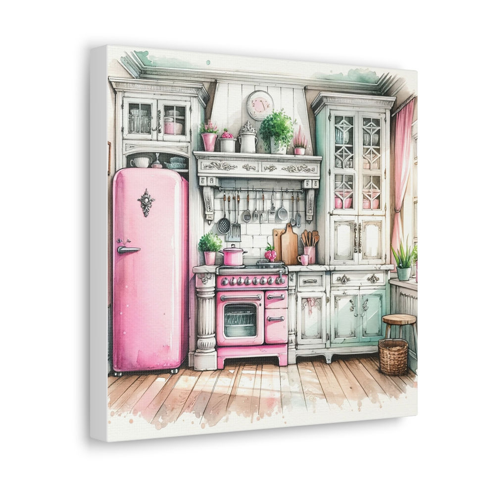 Thumbnail: Pink Retro Kitchen Art Shabby Cottage Farmhouse Kitchen Art Canvas Wall decor