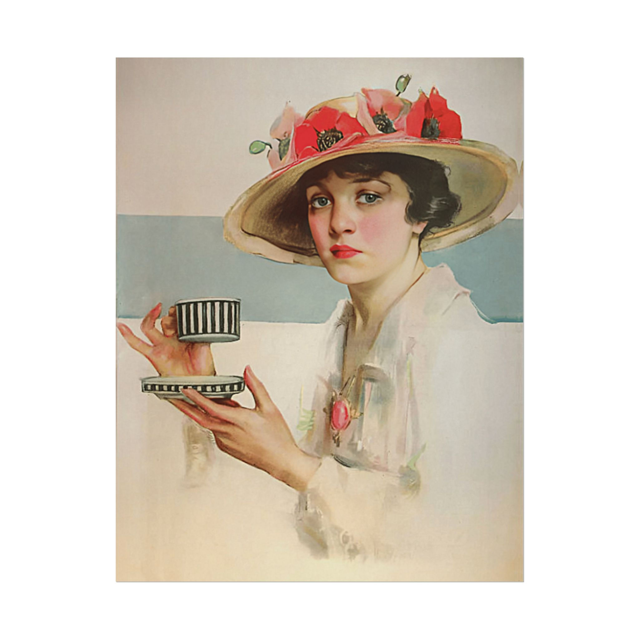Vintage Watercolor Print - Elegant Woman with Teacup Tea Lover Kitchen Decor