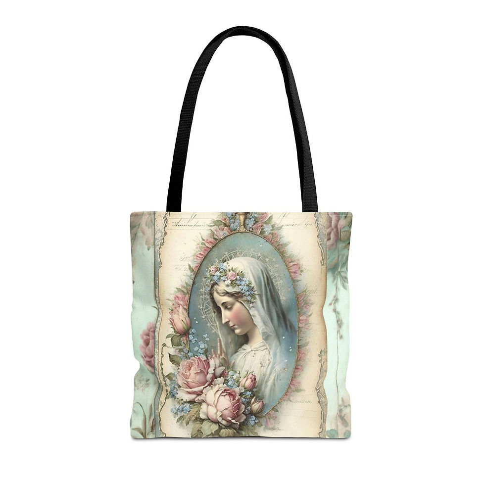 Thumbnail: Artistic Shabby Virgin Mary Tote Bag Pastel Mint Pink Roses Serene Catholic Gift