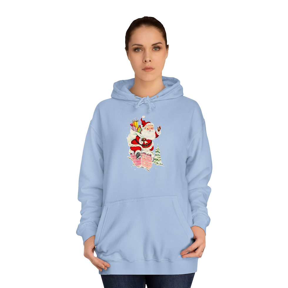 Thumbnail: Retro Christmas Hoodie Santa Going Down Chimney Cozy Sweatshirt w/Pockets 
