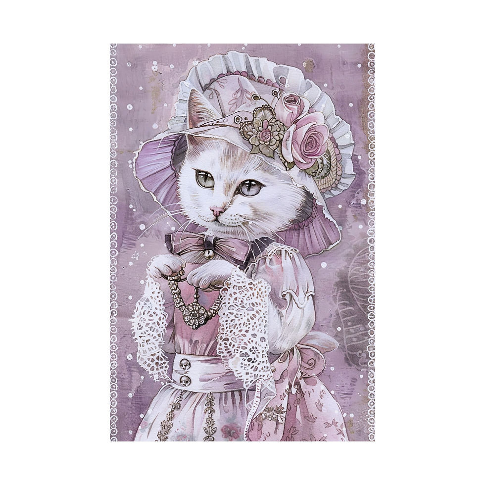 Cat Art Print - Cat in Bonnet Shabby Victorian Cat Lover Gift Purple Wall Decor