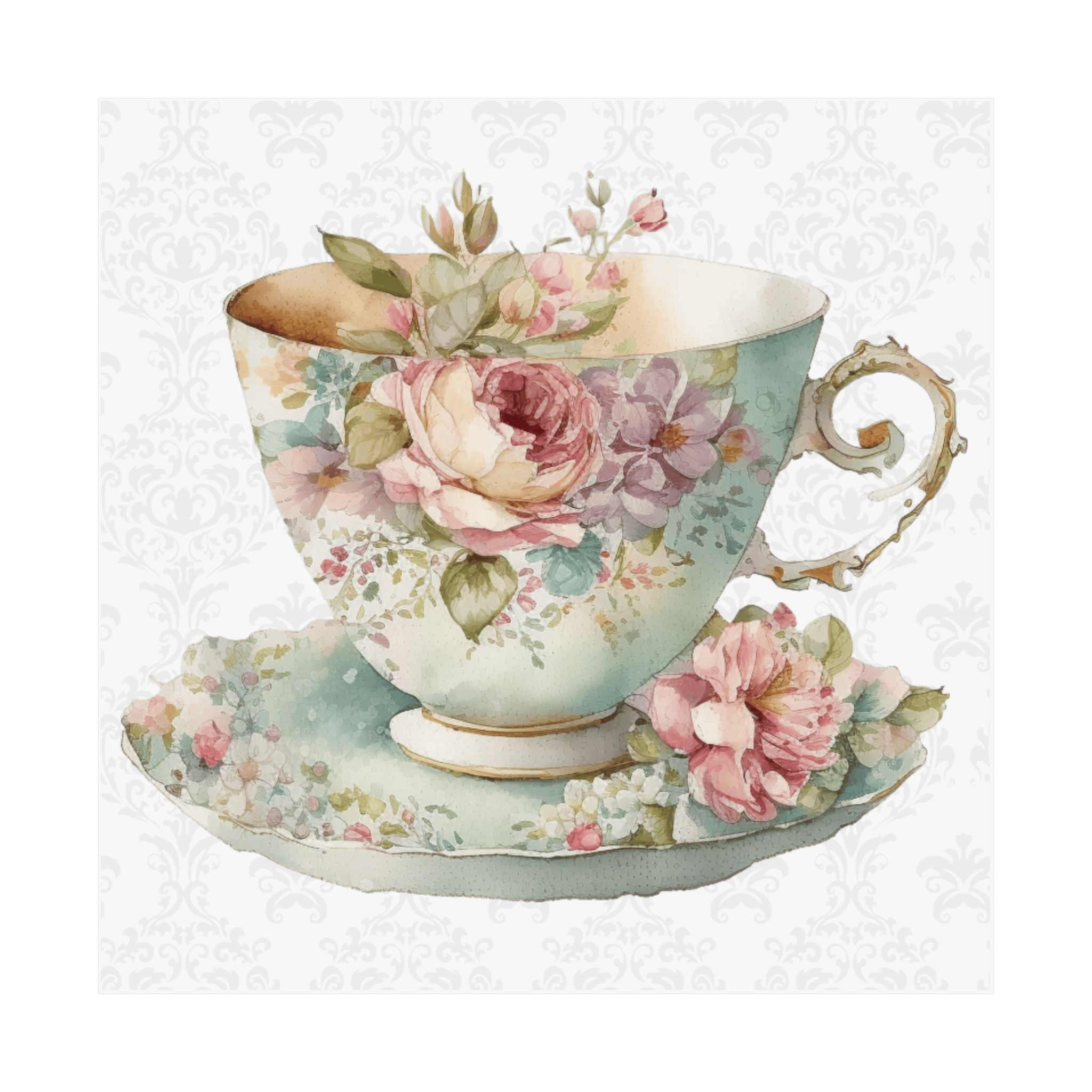 Shabby Tea Art Print Pastel Pink Victorian Roses & Teacup Kitchen Wall Decor