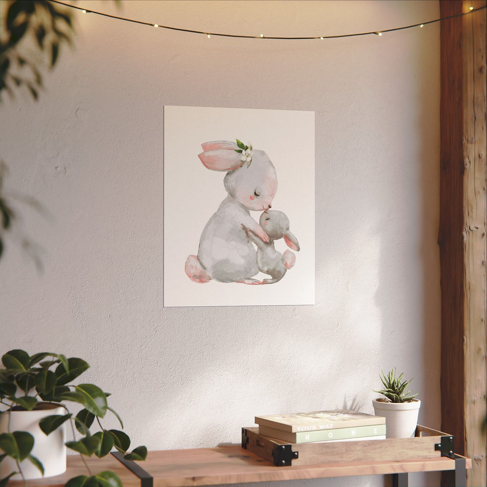 Thumbnail: Nursery Art Watercolor Print BOHO Bunny Rabbit Mother Kissing Baby Room Decor 