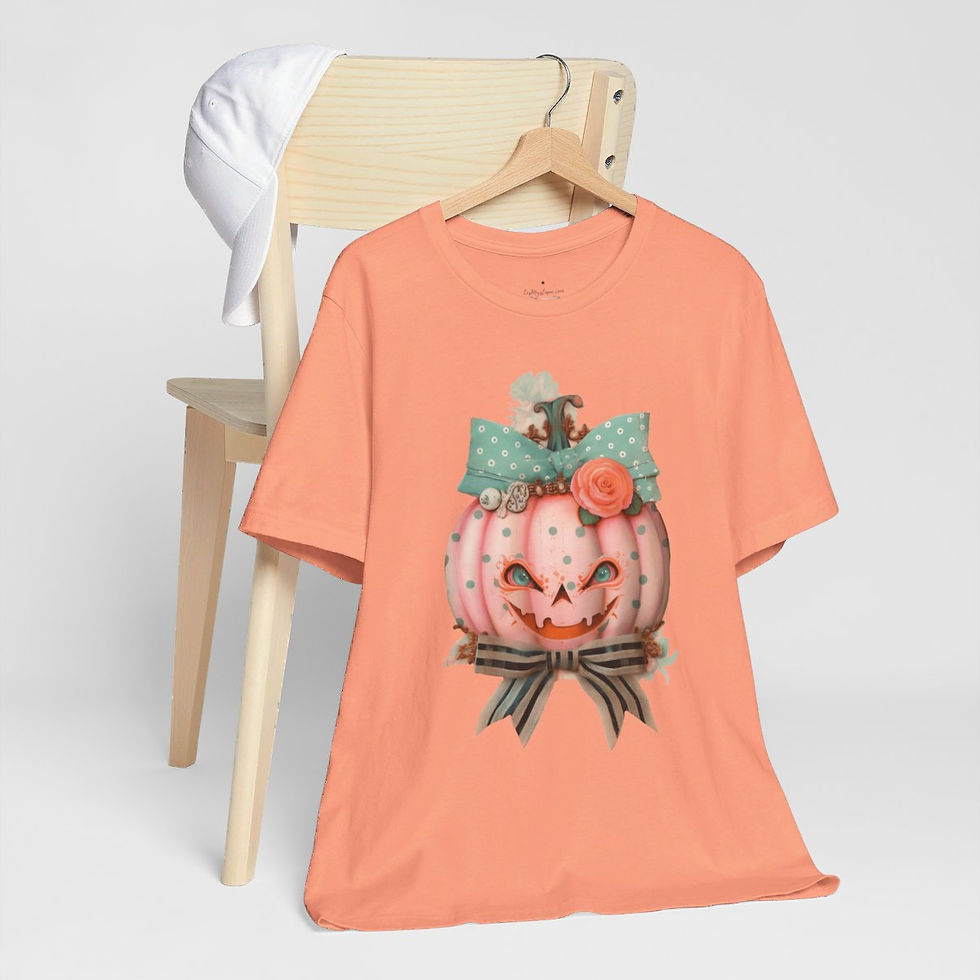 Thumbnail: Halloween T-Shirt Creepy Pumpkin Shabby Pink Roses Art Tee Trendy Apparel Gift