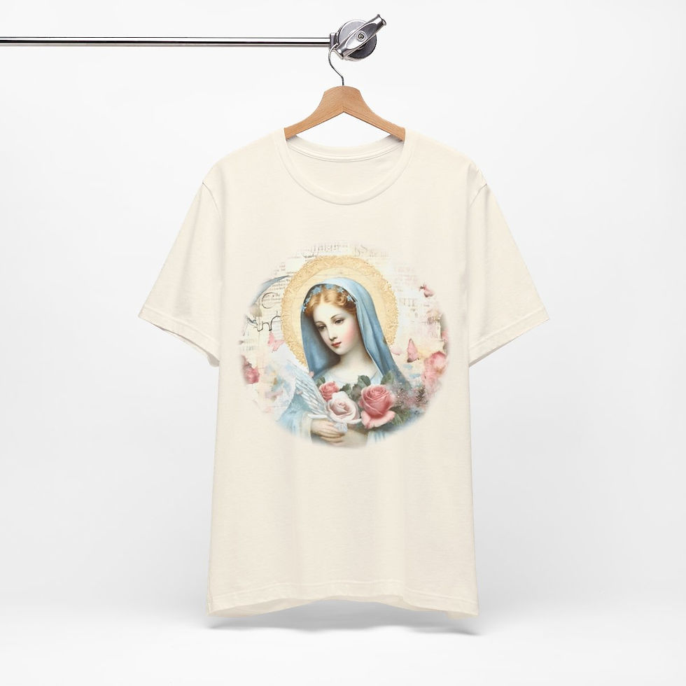 Thumbnail: Virgin Mary T-Shirt Pink Rose Shabby Chic Ave Maria Art Tee Catholic Faith Gift