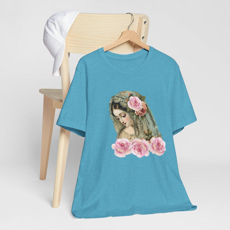 Thumbnail: Pink Roses Virgin Mary T-Shirt Religious Faith Art Tee Ave Maria Catholic Gifts