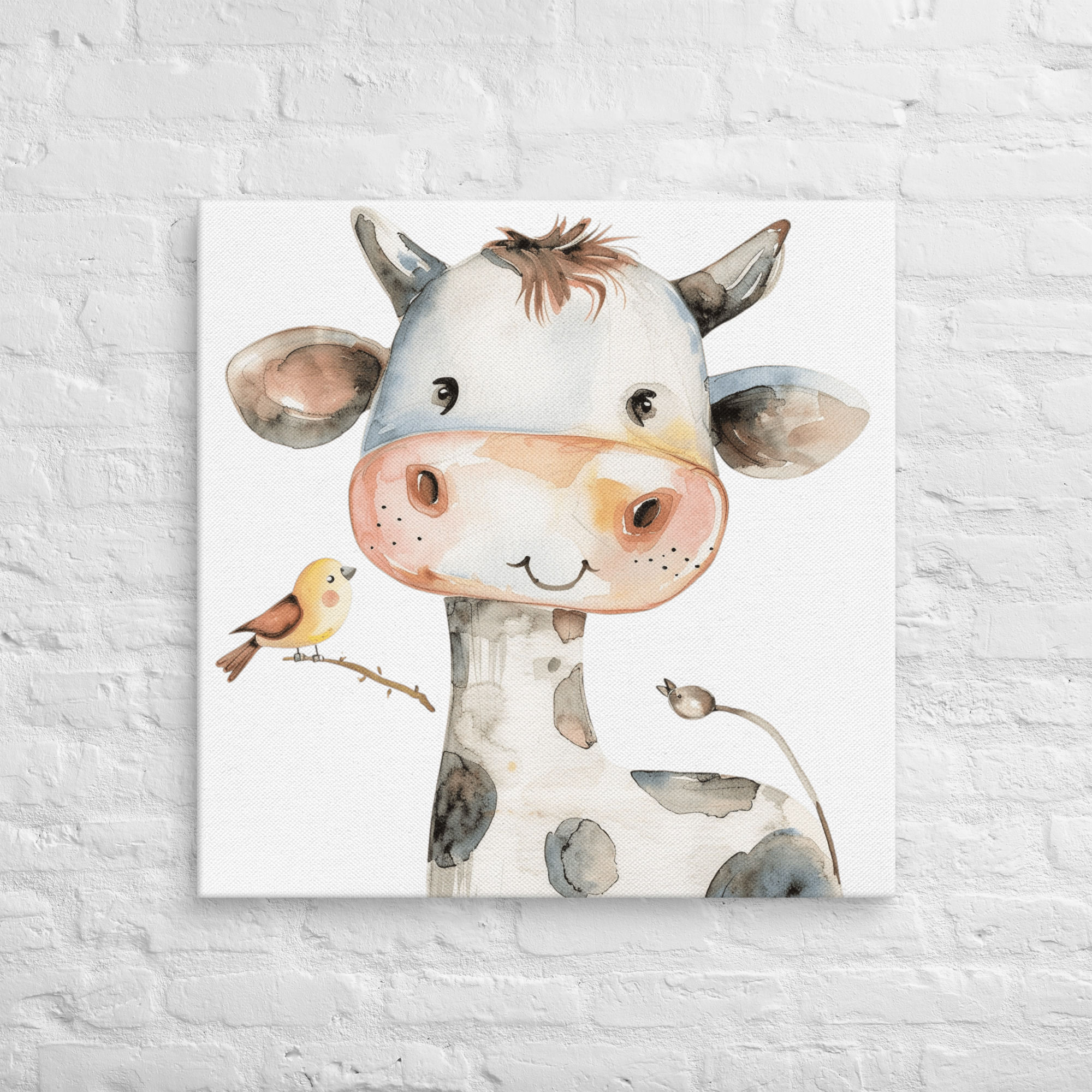 Farmhouse Canvas Art Cow and Bird Nursery Wall Decor Watercolor print