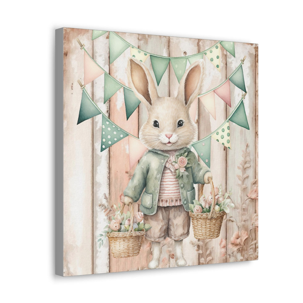 Thumbnail: Shabby Farmhouse Art Canvas Print Spring Bunny Flowers Artwork Cottage Decor