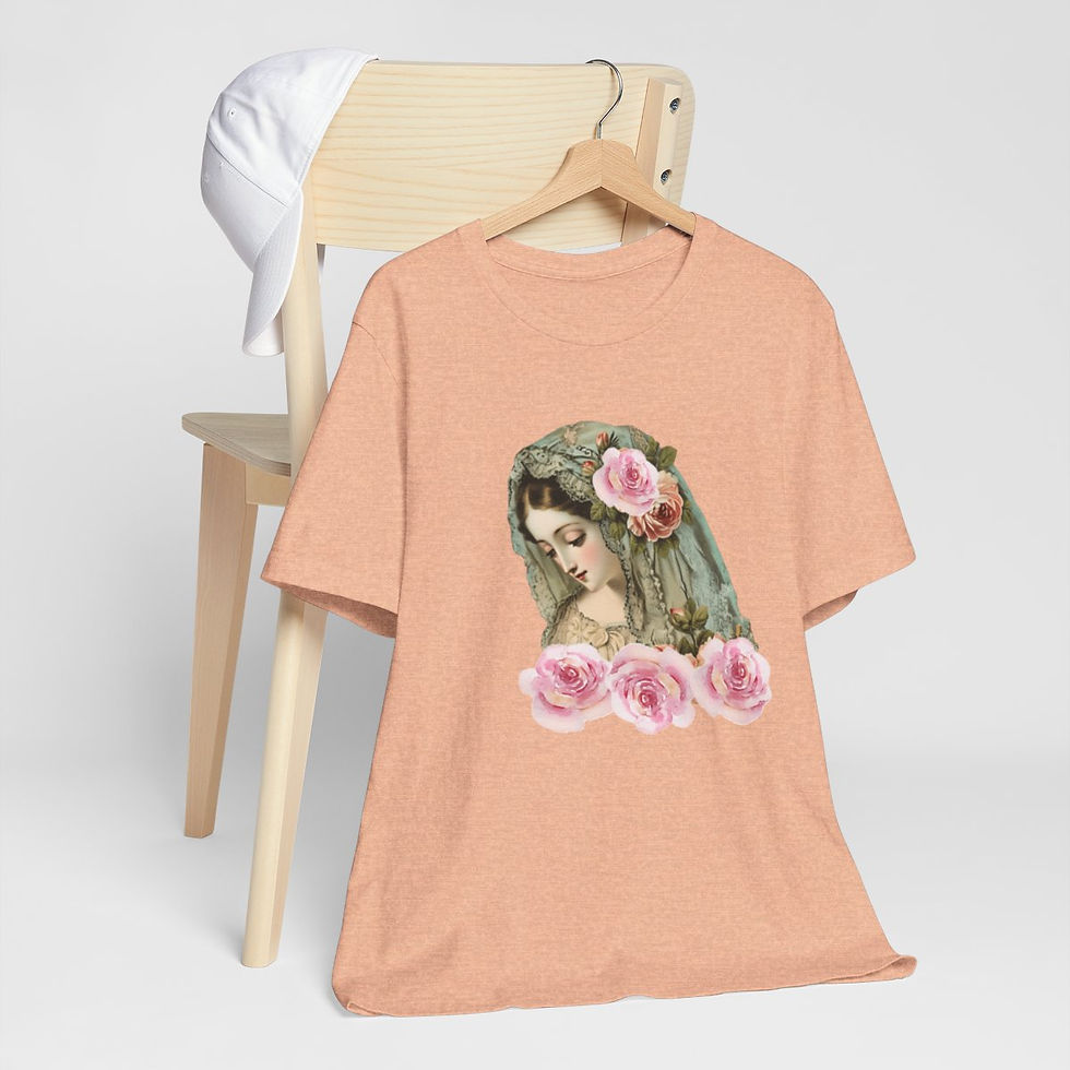 Thumbnail: Pink Roses Virgin Mary T-Shirt Religious Faith Art Tee Ave Maria Catholic Gifts