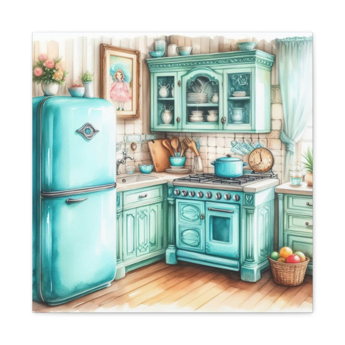 Shabby French Retro Kitchen Canvas Art Turquoise Farmhouse Cottage Kitchen Print