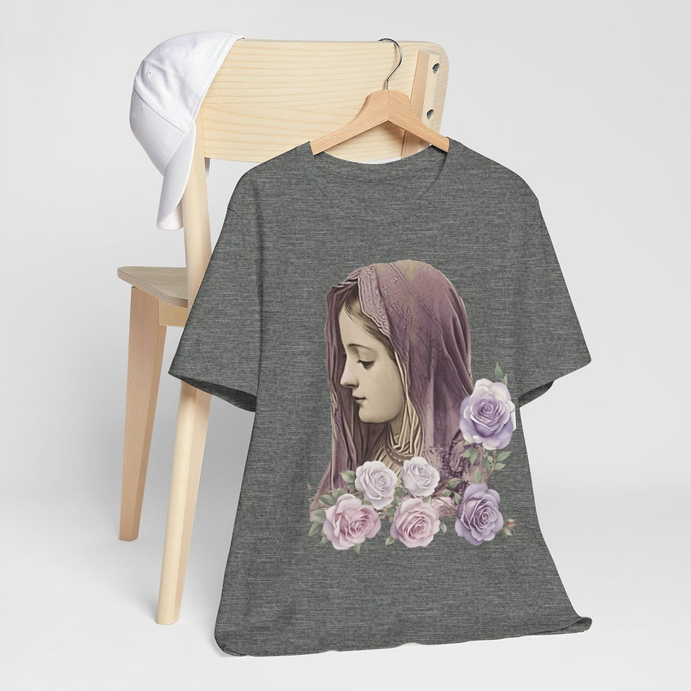 Thumbnail: Virgin Mary T-Shirt Pink & Purple Roses Religious Faith Art Tee Catholic Gifts