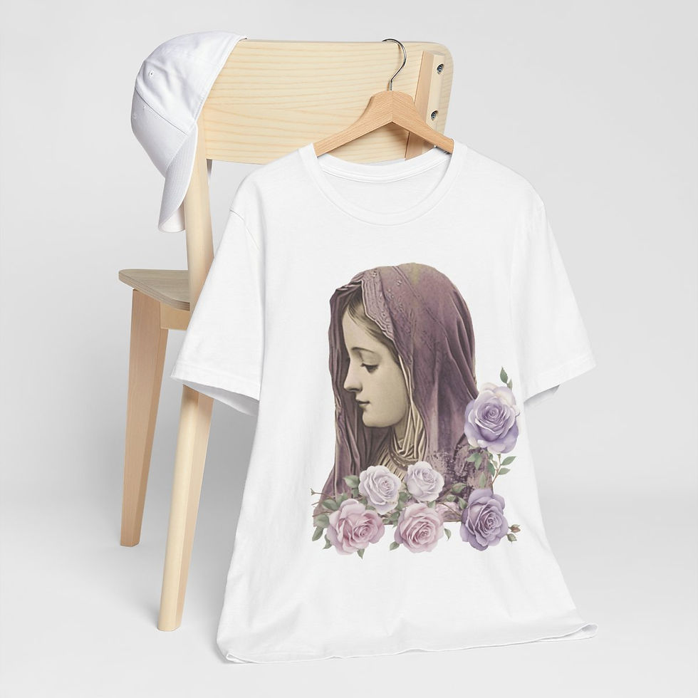 Thumbnail: Virgin Mary T-Shirt Pink & Purple Roses Religious Faith Art Tee Catholic Gifts