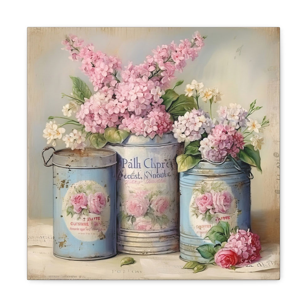 Thumbnail: Shabby Chic French Country Canvas Art Jars Pink Flowers Farmhouse Kitchen Decor