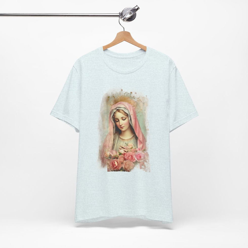 Thumbnail: Virgin Mary T-Shirt Shabby Pink Roses Ave Maria Art Tee Catholic Faith Gifts