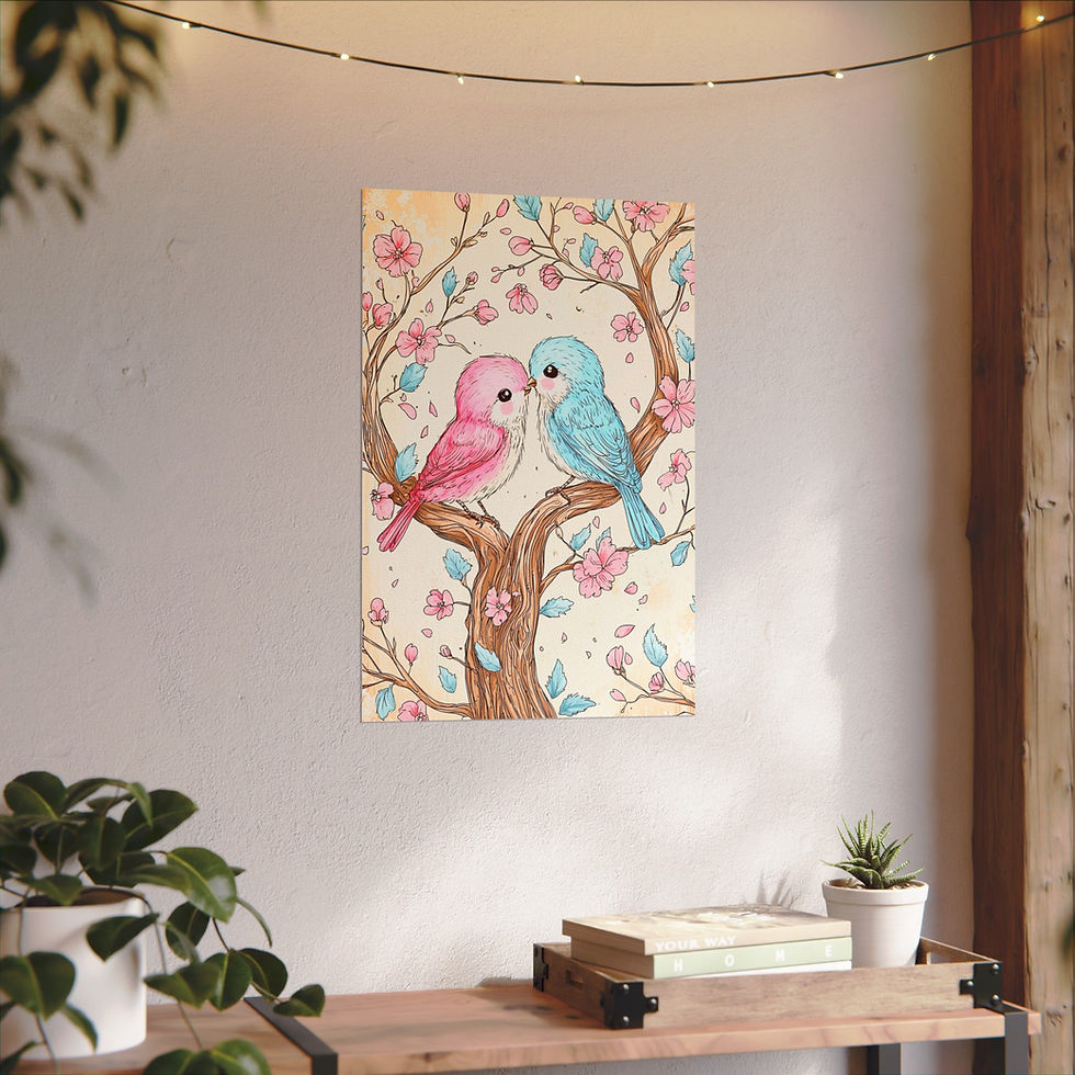 Thumbnail: Love Birds Watercolor Art Print Shabby French Country Decor Pastel Pink & Blue