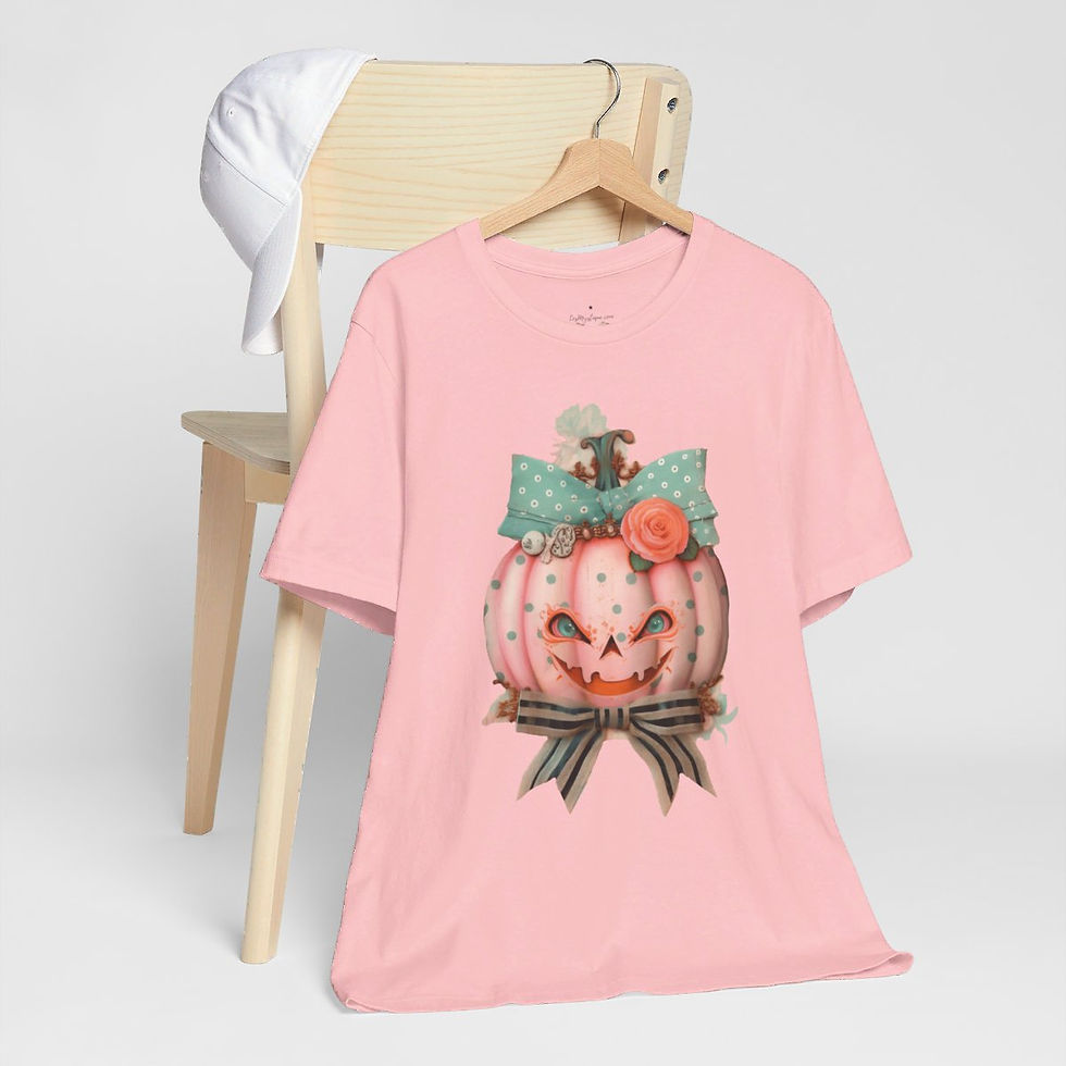 Thumbnail: Halloween T-Shirt Creepy Pumpkin Shabby Pink Roses Art Tee Trendy Apparel Gift