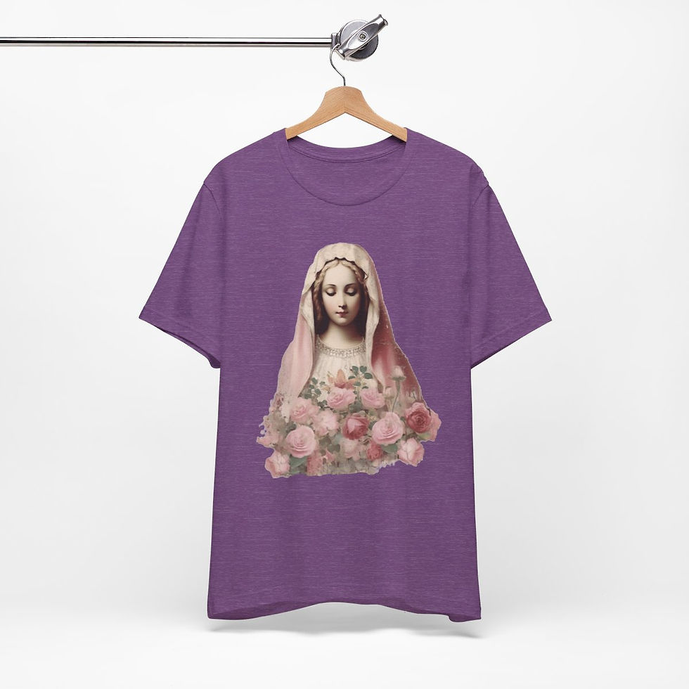 Thumbnail: Virgin Mary T-Shirt Shabby Pink Roses Ave Maria Art Tee Catholic Faith Gifts