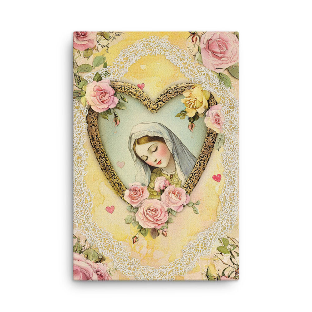 Virgin Mary Art Canvas Shabby Pink Roses French Country Faith Wall Decor 