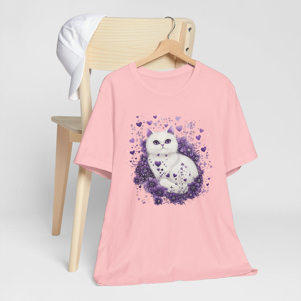 Thumbnail: Artistic Cat T-Shirt Shabby Purple Hearts & White Kitten Art Cute Cat Lover Gift