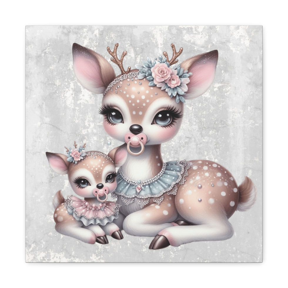 Thumbnail: Artistic Nursery Decor Canvas Art Shabby Jeweled BOHO Mom & Baby Deer Flowers