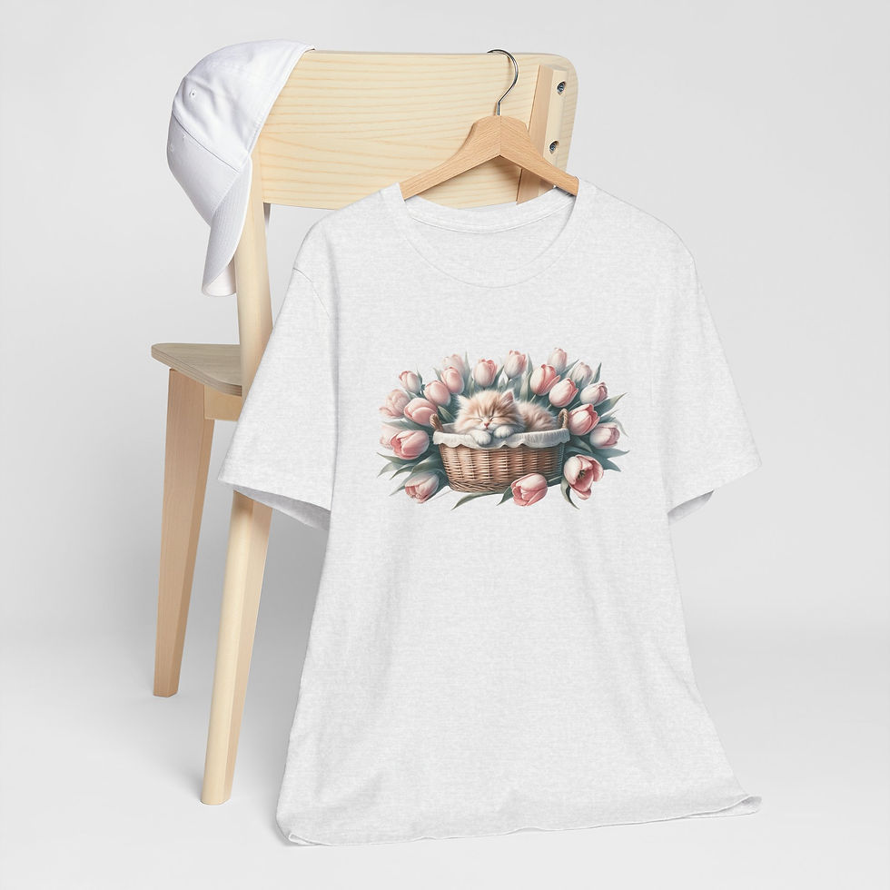 Thumbnail: Cat Lover Art T-Shirt Shabby Sleeping Kitten Pink Tulips Artistic gift