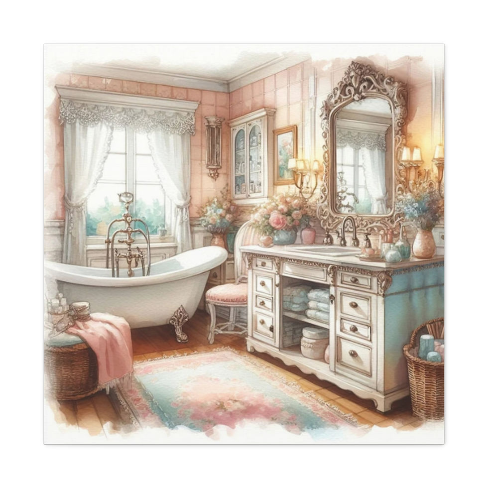 Thumbnail: Shabby French Bathroom Canvas Art Clawfoot Tub Pink and Blue Watercolor Print