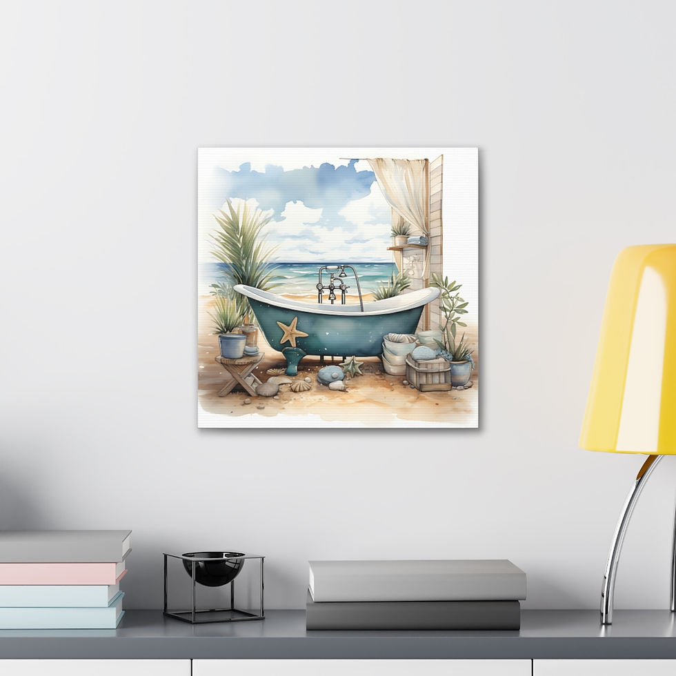 Thumbnail: Beachy Bathroom Canvas Art Clawfoot Tub Sea Shells Beach Decor Watercolor Print