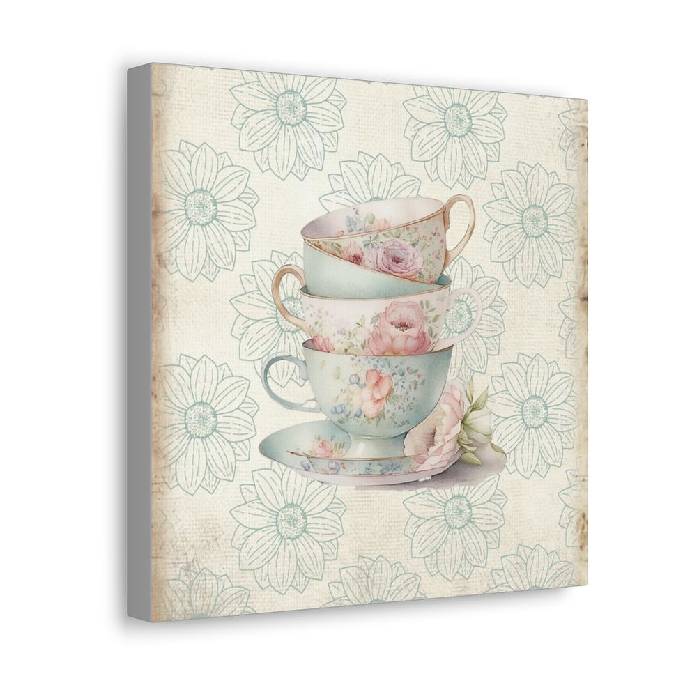 Thumbnail: Shabby French Country Teacups Canvas Art Print Victorian Tea Pastel Flowers
