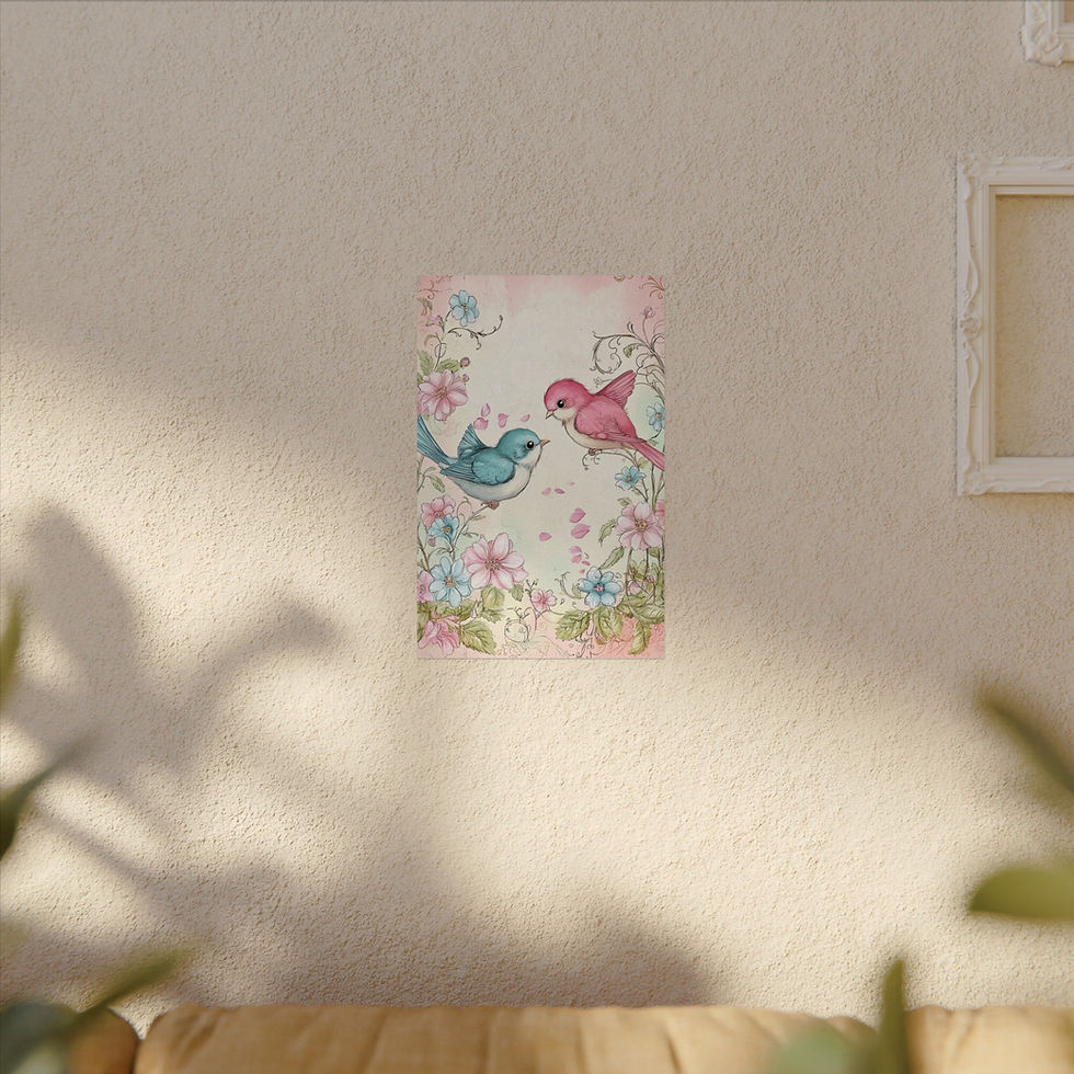 Thumbnail: Love Birds Watercolor Art Print Shabby French Country Decor Pastel Pink & Blue