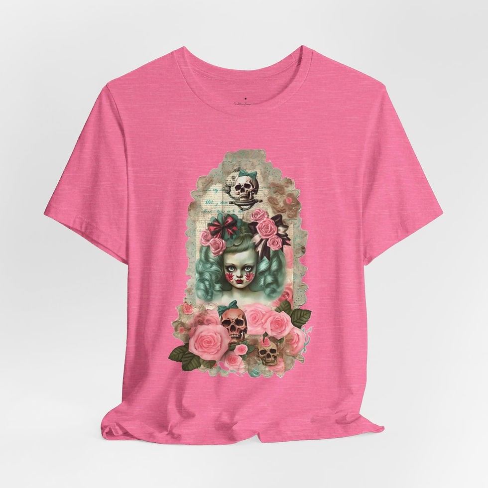 Thumbnail: Halloween T-Shirt Shabby Girl Zombie Skulls Pink Roses Art Tee Trendy Apparel