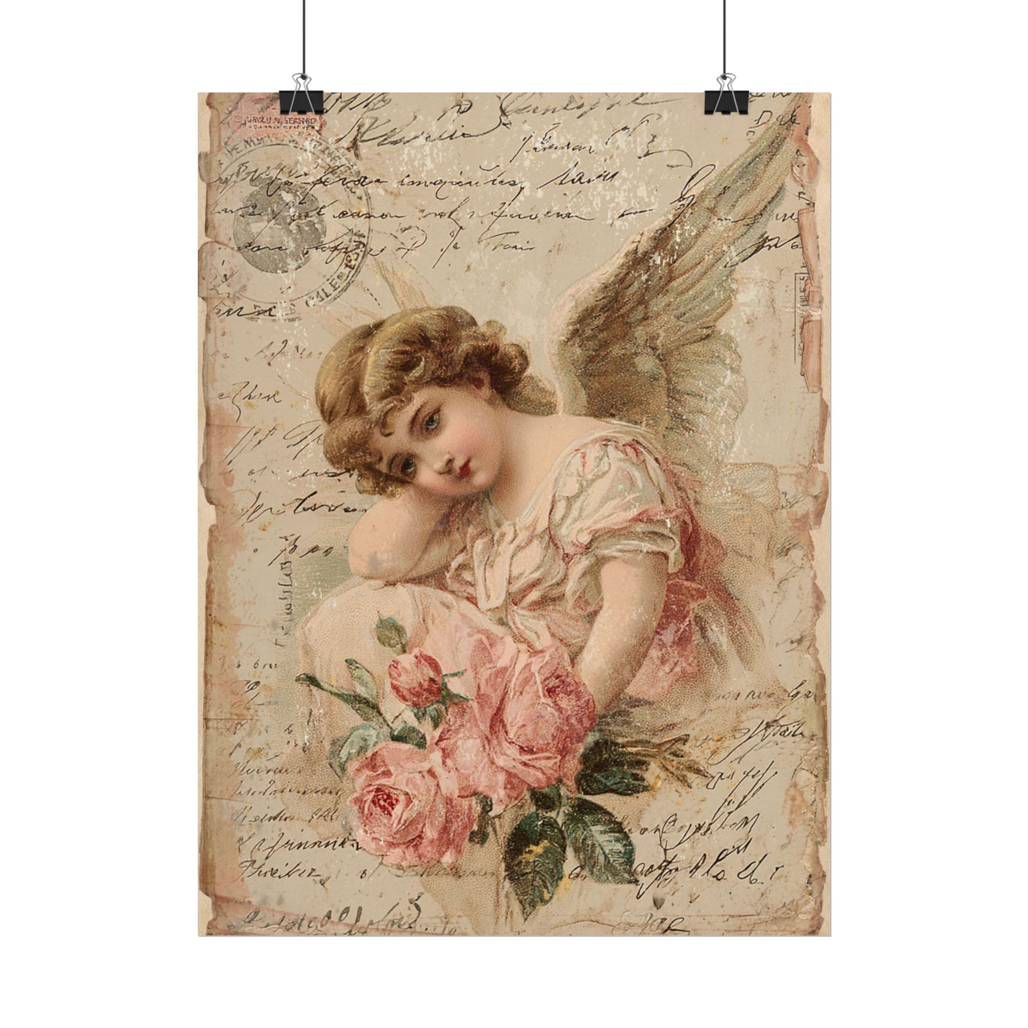 Peaceful Victorian Angel Art Print - Vintage Shabby Chic Pink Roses Wall Decor