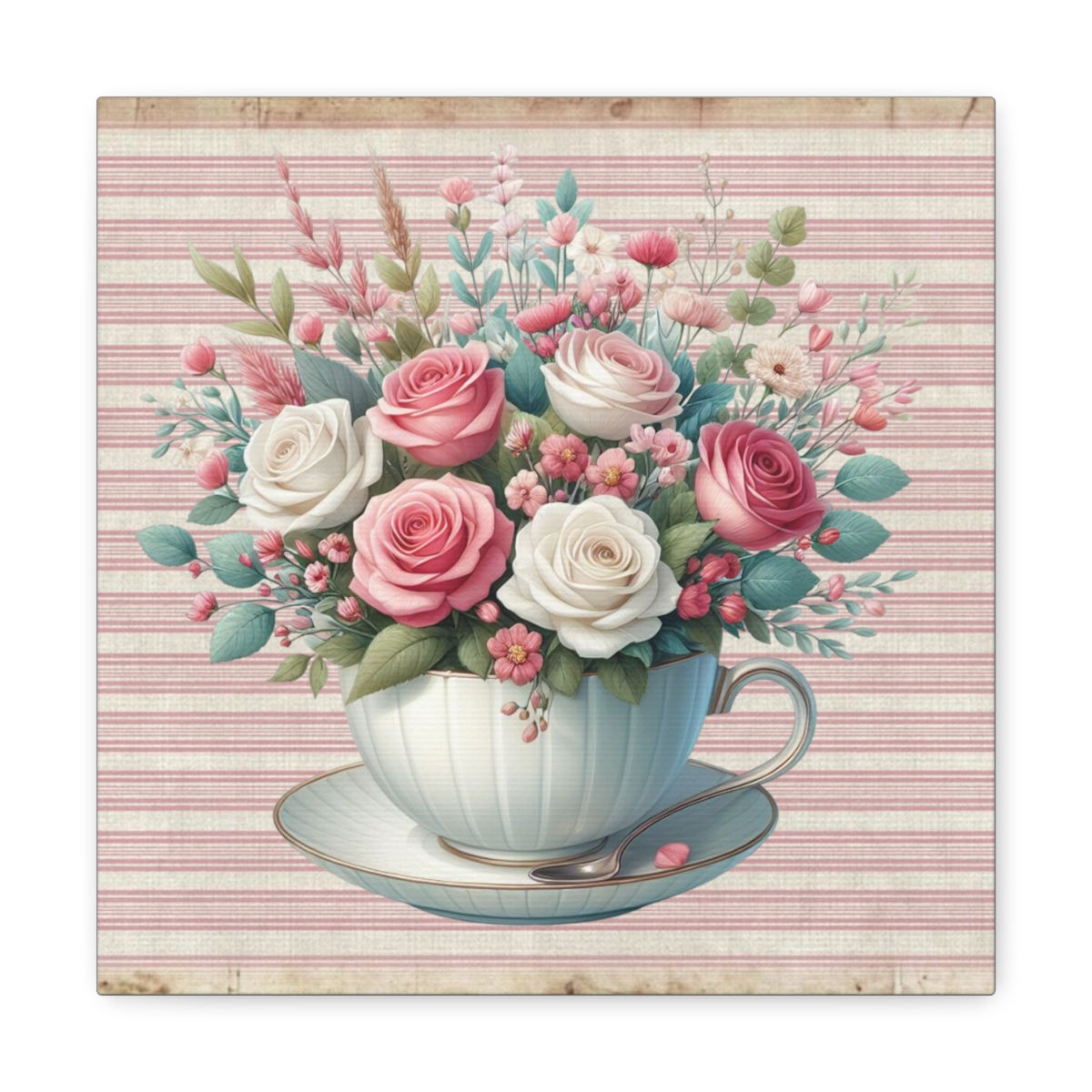 Shabby Chic Teacups Canvas Art Print Victorian Tea Pink Roses French Country