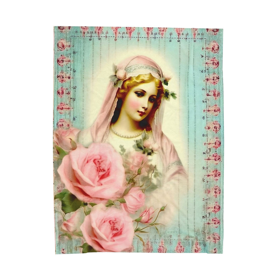 Shabby Throw Blanket Virgin Mary Praying Aqua & Pink French Decor Catholic Gift
