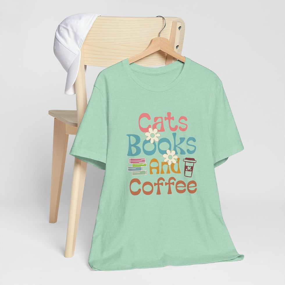 Thumbnail: Reading Theme T-Shirt Cats Book and Coffee Expressive Apparel Artistic Gifts