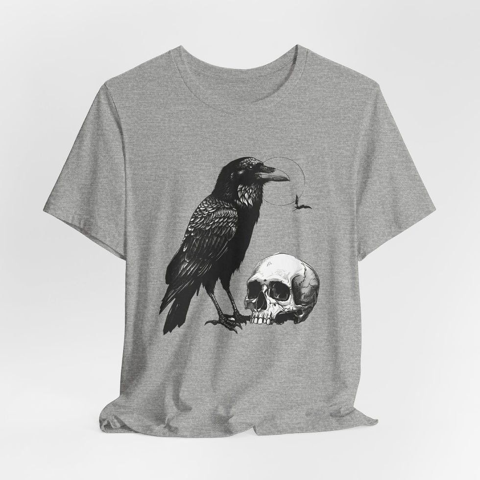 Thumbnail: Witchy T-Shirt Black Raven Skull Bat Art Tee Esoteric Expressive Halloween Gifts