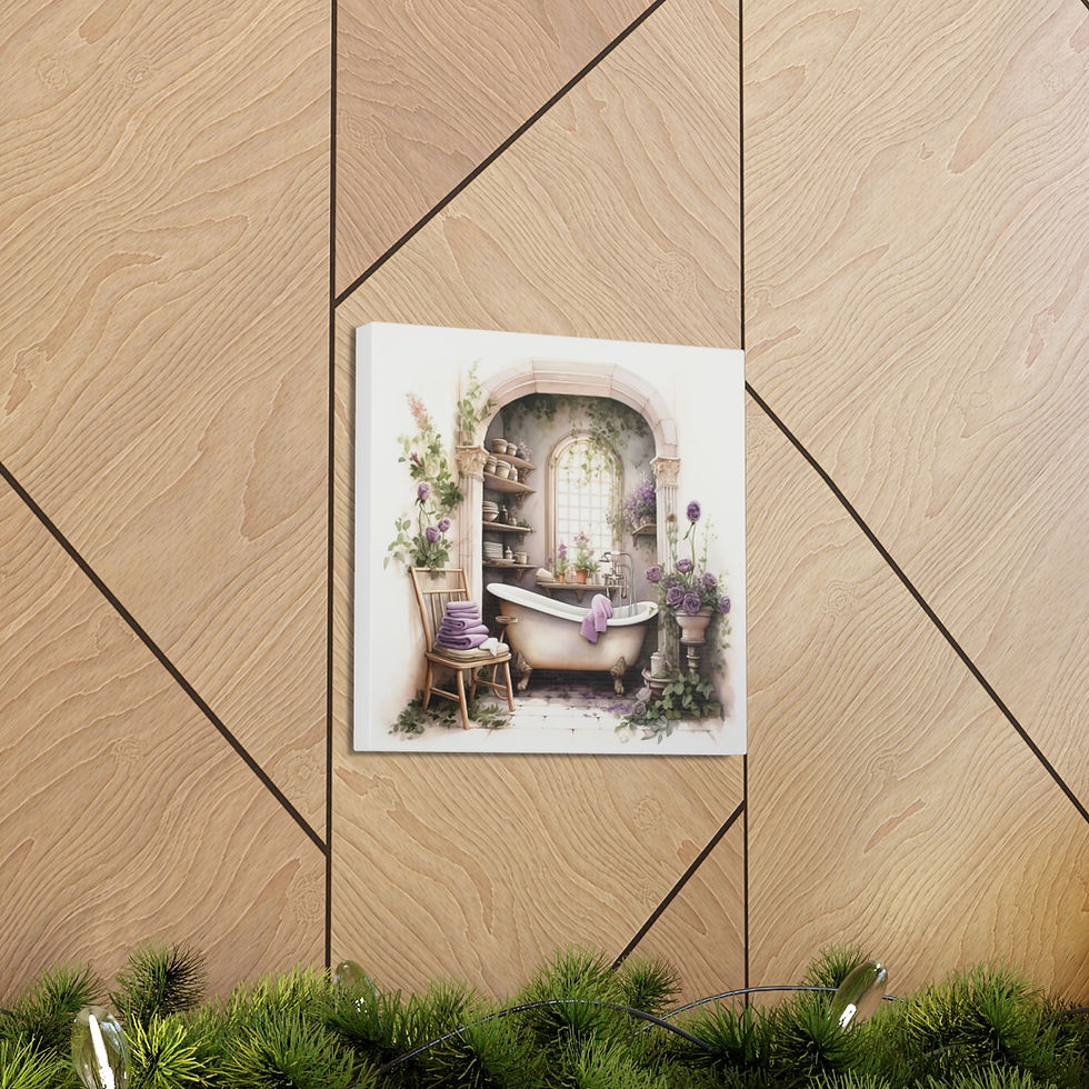 Thumbnail: Shabby Bathroom Art Victorian Tub Purple Roses French Country Canvas Print