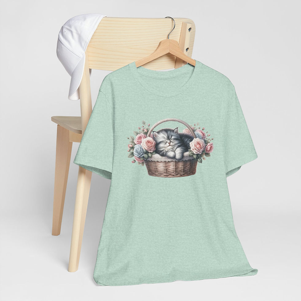 Thumbnail: Cat Lover Art T-Shirt Shabby Kitten Sleeping in Basket Pink Roses Artistic gift