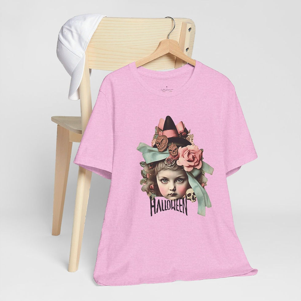 Thumbnail: Halloween T-Shirt Creepy Girl Witch Pink Roses Art Tee Trendy Apparel